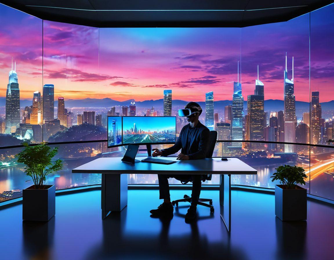 A futuristic workspace filled with sleek technology, featuring a virtual reality headset, floating holographic screens displaying various apps, and a person comfortably working at a minimalistic desk. The background shows a blend of a city skyline and natural landscapes, symbolizing balance in modern living. Bright and engaging colors with a blend of digital elements enhance the atmosphere. 3D. vibrant colors.