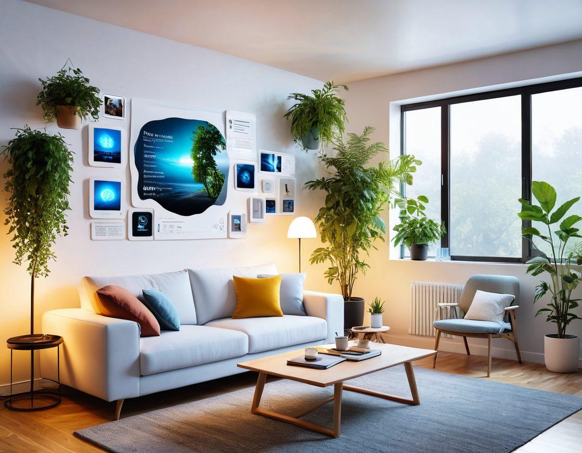A visually striking composition depicting a modern virtual living room, with a cozy couch, digital screens displaying various blog topics, and futuristic decor blended with nature elements like plants and sunlight. Include a person reading a blog on a tablet, surrounded by floating icons representing insights and recommendations. The overall atmosphere should feel warm and inviting, showcasing a harmonious blend of technology and comfort. super-realistic. vibrant colors. white background.