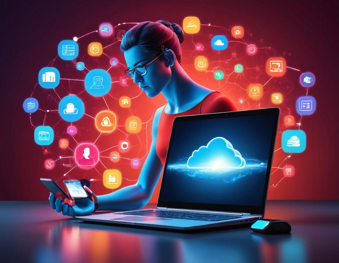 A modern individual surrounded by essential digital tools: a sleek laptop, smartwatch, and smartphones, with floating icons of popular tech trends like AI, cloud computing, and fitness apps. The background radiates a digital glow, symbolizing connectivity and innovation. The person is focused and engaged, embodying a balanced digital lifestyle. vibrant colors. 3D.